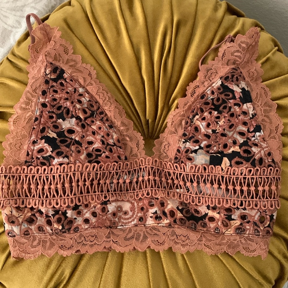 Free People Intimately Lace Bralette Floral Pink Brown Boho Hippie